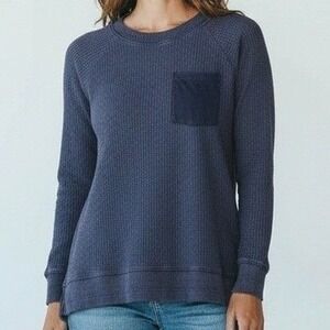 Soft Surroundings Thermal Top Women M Petite Blue Waffle Knit Pocket Cozy Preppy